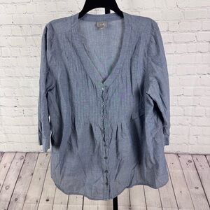 J. Jill Chambray Pleated V-Neck Button Down Shirt Size XL